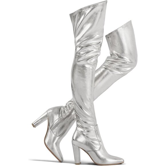 Women Silver Suede Stretch Thigh High Over The Knee Chunky Heel Pointed Toe Boot - Picture 1 of 5